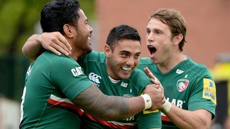 Leicester's Manu Tuilagi celebrates his try against Saracens