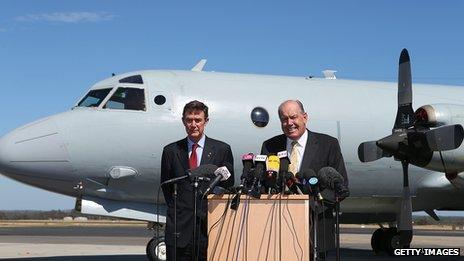 Australian Air Chief Marshal Angus Houston and Defence Minister David Johnston address the media during a press conference at Pearce airforce base in Perth