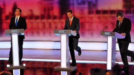 David Cameron, Nick Clegg and Gordon Brown during the third leaders' debate in 2010