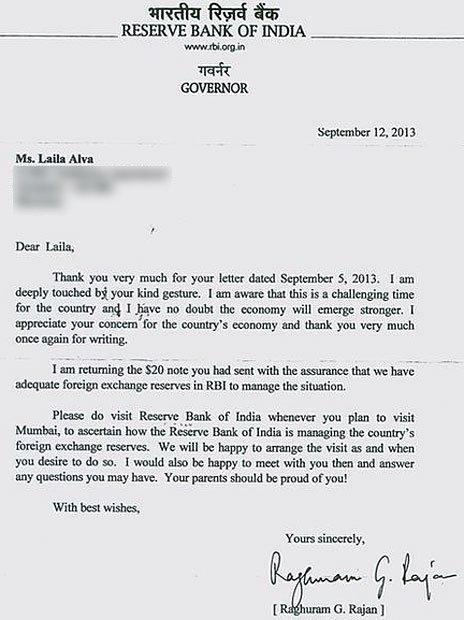 Raghuram Rajan's letter to Laila