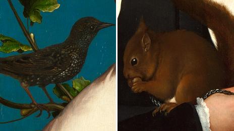 A Lady with a Squirrel and a Starling by Hans Holbein (detail)