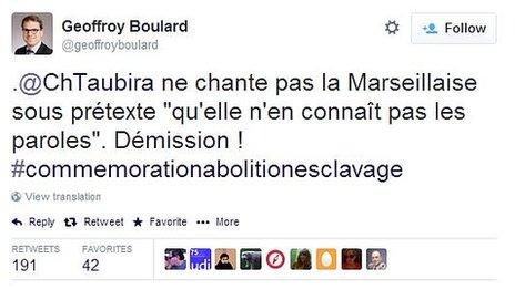 Tweet posted by Geoffroy Boulard criticising Christiane Taubira