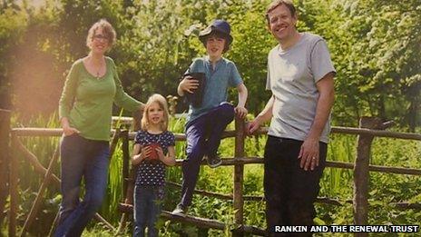 Family at At Ann's allotments: Martha, Phoebe, Joe and Andy Callow