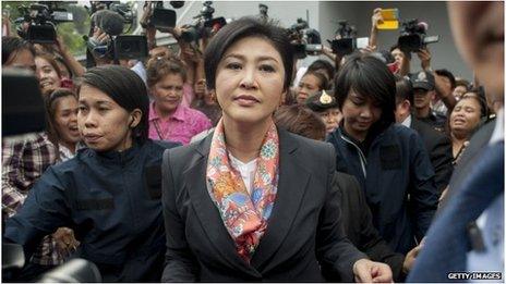 Thai ex-Prime Minister Yingluck Shinawatra meets her supporters at the Defence Permanent Secretary Office in Bangkok, Thailand, 7 May 2014