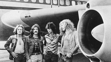 British rock band Led Zeppelin, (left -right): John Paul Jones, John Bonham (1948 - 1980), Jimmy Page and Robert Plant, in the 1970s.