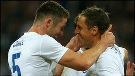 England players celebrate a goal in the 3-0 friendly win against Peru