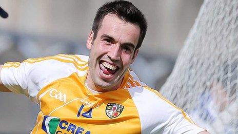 Kevin Niblock celebrates after scoring against Fermanagh