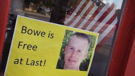 A sign in a shop window in Hailey, Idaho celebrates Bergdahl's release