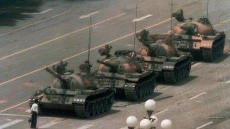 A Chinese man blocks a line of tanks on Beijing's Changan Blvd, 5 June 1989