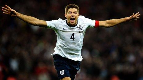 Steve Gerrard celebrates after scoring for England