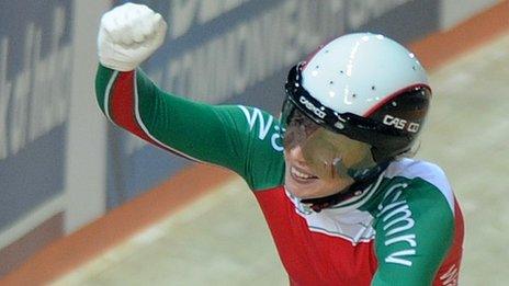 Becky James in action for Wales at the Commonwealth Games in Dehli in 2010