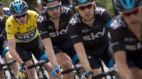 Chris Froome (in yellow) with Team Sky team-mates