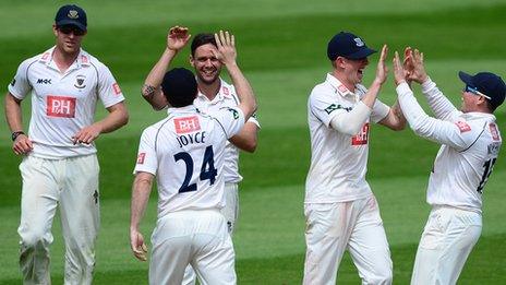 Sussex players James Anyon, Ed Joyce, Steffan Piolet, Luke Wells and Matt Machan celebrate a wicket