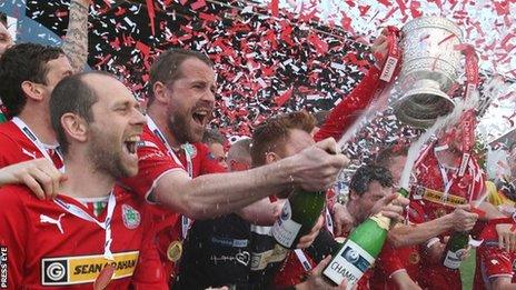 Cliftonville celebrate winning last season's Premiership title