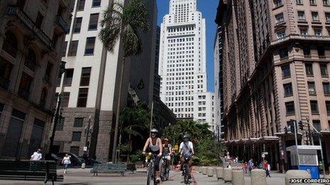 Cyclists in Sao Paulo city centre