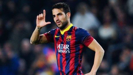 Cesc Fabregas of FC Barcelona celebrates after scoring