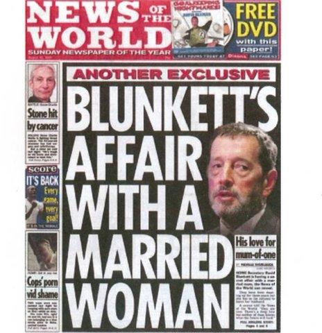 The News of the World's front page revealing David Blunkett's relationship