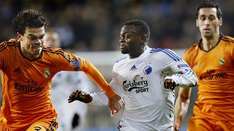 Igor Vetokele (centre) vies with Pepe and Alvaro Arbeloa