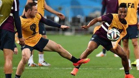 Wayne Rooney and Raheem Sterling in England training