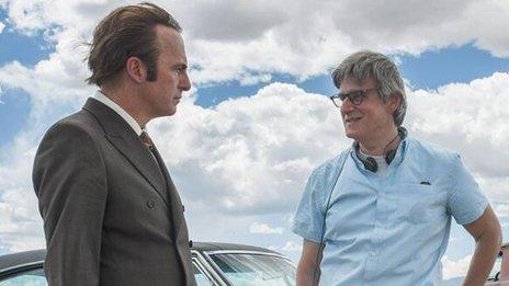 The first-look photo shows Gilligan and Gould from the set, with star Bob Odenkirk (Saul Goodman)