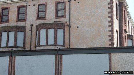 Boarded up derelict hotels in Blackpool Promenade