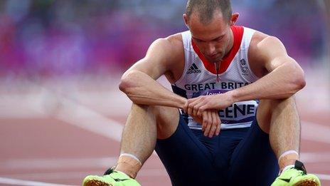 Greene reacts to his semi-final finish during London 2012.