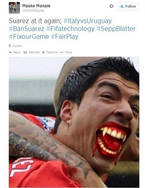 A tweet showing Suarez with vampire fangs