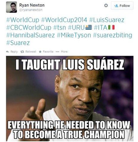 A tweet with an image of Mike Tyson which reads: "I taught Luis Suarez everything he needed to know to become a true champion