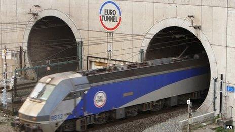 Eurotunnel train leaving the tunnel at Coquelles in France