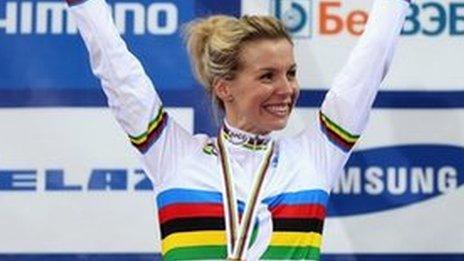 Becky James with her rainbow jersey after winning a world title in 2013