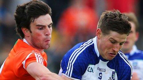 Armagh's Aaron Findon and Darren Hughes of Monaghan