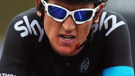 Geraint Thomas shows the pain as he competes in a recent race for Team Sky