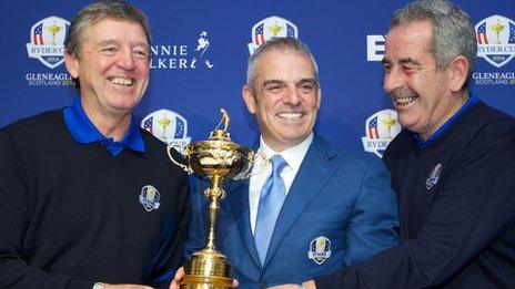 Paul McGinley, European Ryder Cup Caption (centre) with vice-captains Des Smyth (left) and Sam Torrance