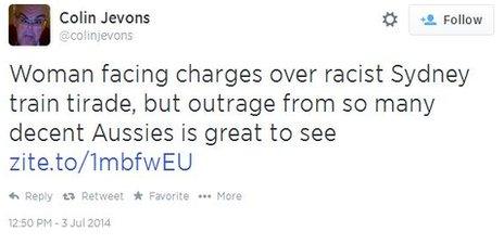 Tweet which reads "Woman facing charges over racist Sydney train tirade, but outrage from so many decent Aussies is great to see."