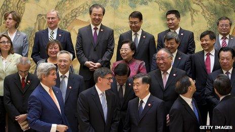 US Secretary of State John Kerry and Treasury Secretary Jack Lew speak with Chinese officials