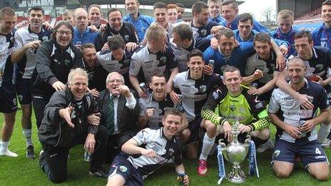 The New Saints celebrate winning the Welsh Cup with a 3-2 victory over Aberystwyth at Wrexham's Racecourse Ground