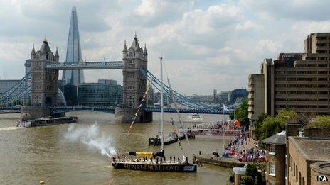 Boats at Tower Bridge in Round the World Race Finish