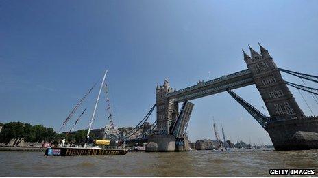 Boats at Tower Bridge in Round the World Race Finish