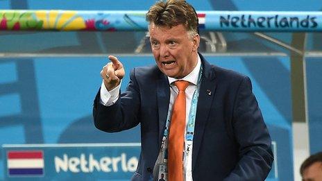 Louis van Gaal shouts orders to his Dutch team from the touchline