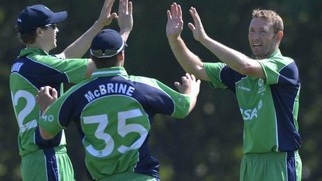 Andrew White celebrates taking a wicket for Ireland against Sri Lanka A