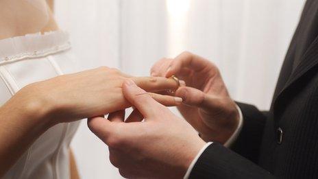 Couple exchanging rings