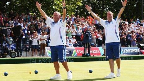 Alex Marshall and Paul Foster celebrate winning pairs bowls