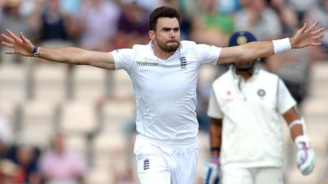 England's James Anderson celebrates a wicket