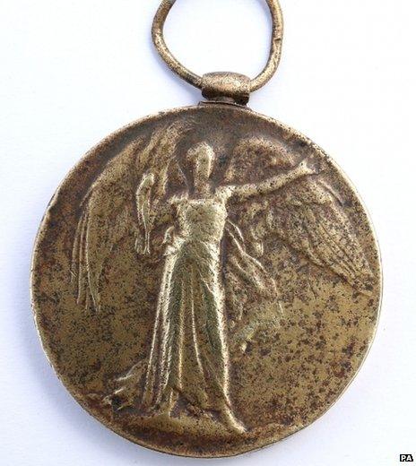 The service medal of Soldier E W Follows of the Worcestershire Regiment, found in an old shed in Rugby, Warwickshire