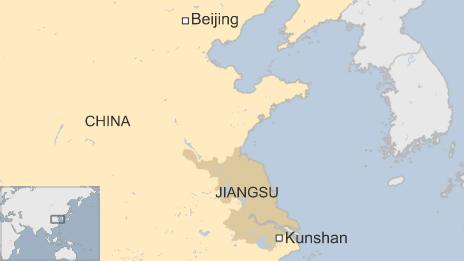 Map of China, showing the capital Beijing and the city of Kunshan in Jiangsu province