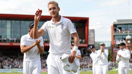 England's Stuart Broad walks off after taking six wickets