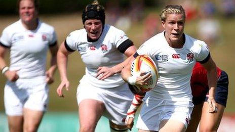 Danielle Waterman of England breaks through to score a try during the IRB Women's Rugby World Cup match between England and Spain.