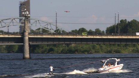 The drone follows Janis as he wakeboards in Riga