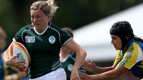 Ireland flanker Sharon Lynch runs through for the first try in the match against Kazakhstan