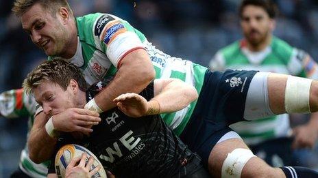 Jonathan Spratt is tackled against Treviso in January, 2014